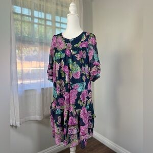 Olive Tree Navy Blue & Pink Floral Print Tiered Half Sleeve Midi Dress